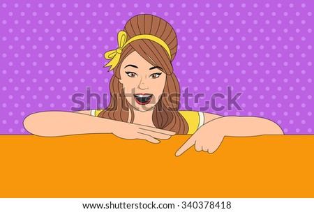Beautiful brunet retro woman pointing to empty board