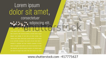 Template for advertising brochure with business people on a big city with buildings. Downtown.
