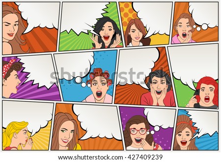 Comic book page with retro women talking. Comic strip background with speech bubbles. Vintage art.
