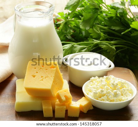 still life of dairy products (milk, sour cream, cottage cheese)