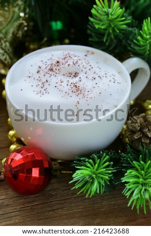 festive drink (chocolate, cocoa, coffee) with milk foam, Christmas Still Life