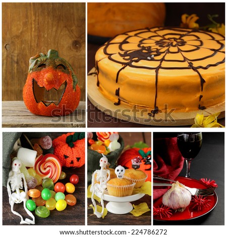 Set Halloween pumpkin,cake, treats and table setting