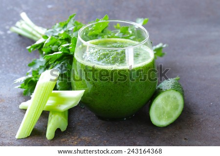 fresh green juice from celery, cucumbers and parsley