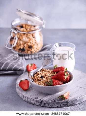 Similar – Foto Bild Frühstück mit Müsli, Beeren und Milch