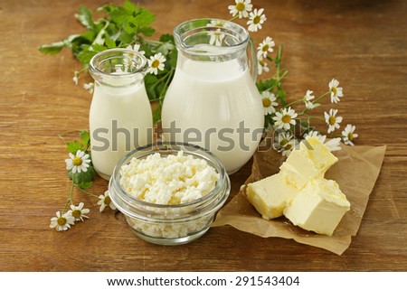 assortment of dairy products (milk, butter, sour cream, yogurt) rustic still life