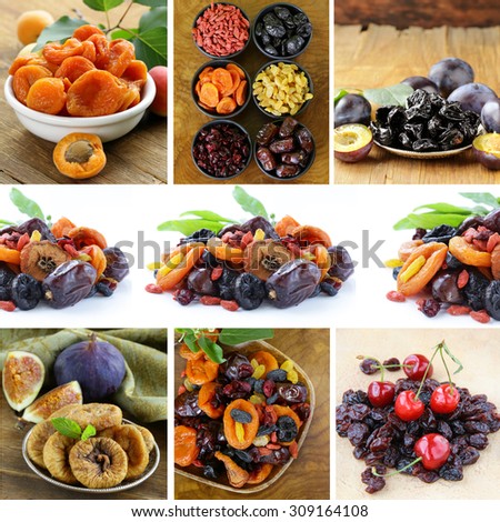 collage assorted dried fruits (raisins, apricots, figs, prunes, goji, cherry,cranberries)