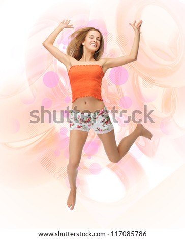 picture of jumping beautiful woman in casual clothes
