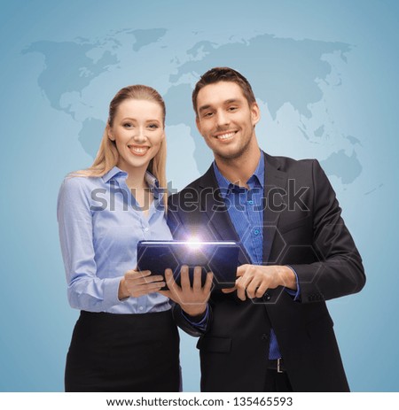 bright picture of man and woman with tablet pc and world map