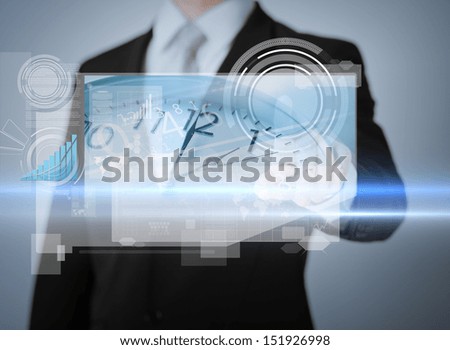 business, future technology and time management concept - businessman pointing at alarm clock on virtual screen
