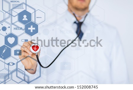 healthcare, medical and future technology concept - male doctor with stethoscope and virtual screen