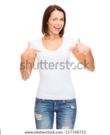 t-shirt design concept - smiling and winking woman in blank white t-shirt