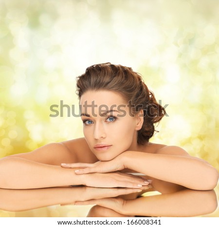 bride, health and beauty concept - dreaming woman with the mirror