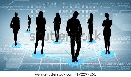 business and social concept - social or business network, black silhouettes of businesspeople