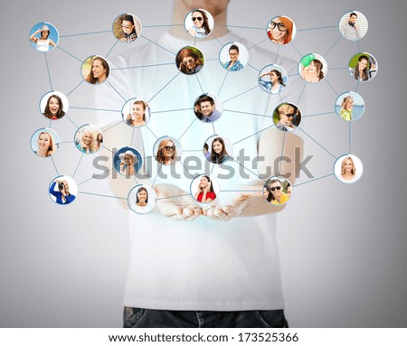 networking and communication concept - closeup of mans hands showing social network