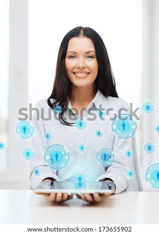 business, networking, technology and internet concept - smiling businesswoman or student with tablet pc computer