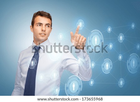 business, technology, communication concept - businessman working business network on imaginary virtual screen