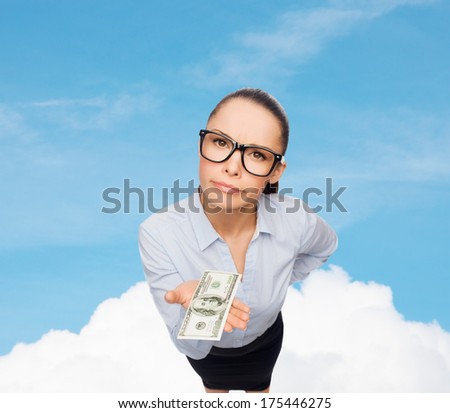 business, money and banking concept - smiling businesswoman in eyeglasses with dollar cash money