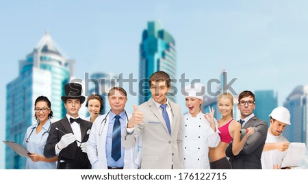 professions and people concept - group of people including businessmen, doctor, nurse, magician, helpline operator, cook, personal trainer