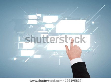business and advertisement concept - close up of businessman pointing to virtual screen
