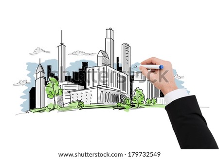 business and architecture concept - close up of businessman drawing city sketch
