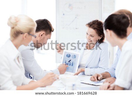 friendly business team discussing graphs in office