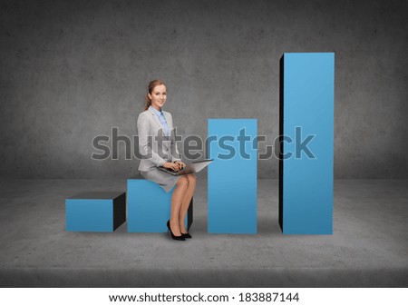 business and delivery service concept - smiling woman sitting on growing chart with laptop computer