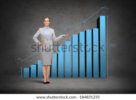 business and advertisement concept - smiling businesswoman showing growing chart