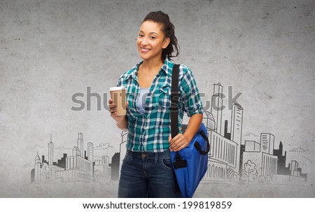 education, technology and people concept - smiling female african american student with bag and take away coffee cup