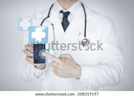 close up of male doctor holding smartphone with medical app
