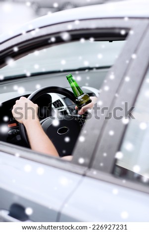 transportation, alcohol, vehicle and people concept - close up of man drinking alcohol while driving car