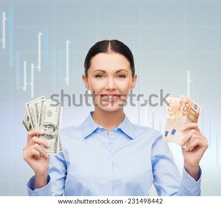 business, people and currency concept - young businesswoman showing dollar and euro cash money over blue background and graph