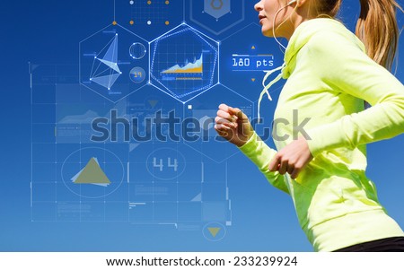 technology, sport, fitness, exercise and lifestyle concept - smiling woman doing running with earphones outdoors