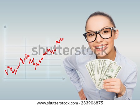 business, people and money concept - smiling businesswoman in glasses with dollar cash money over gray background and forex graph going up