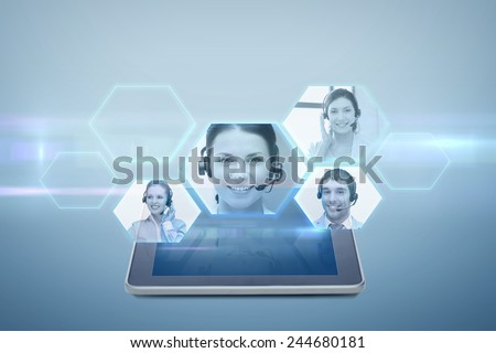 electronics, technology, network and modern gadget concept - tablet pc computer with virtual video chat icons projection above screen over blue background
