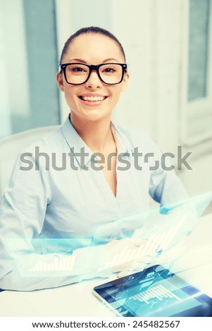 office, business, education, technology and internet concept - smiling businesswoman in eyeglasses with tablet pc in office