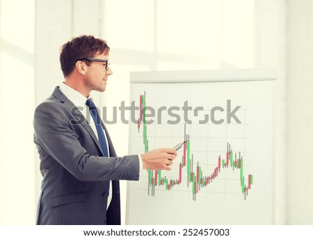 business, office and money concept - businessman in suit and black eyeglasses pointing to flip board with forex chart in office