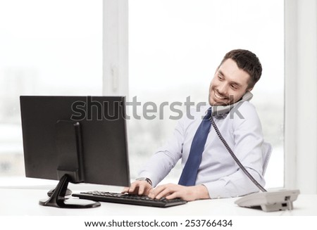 office, business, education, technology and internet concept - smiling businessman or student with computer and phone