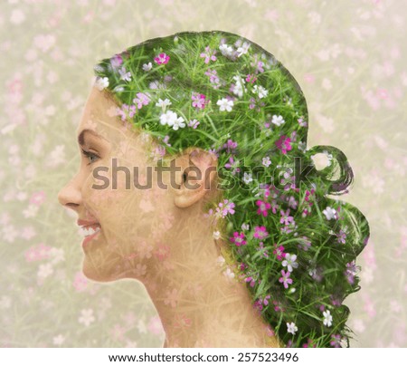 beauty, people and health concept - smiling young woman with floral pattern and double exposure effect