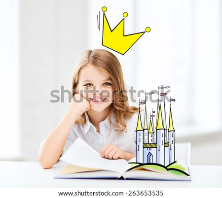 people, children, imagination and fairy tales concept - smiling girl reading book at home with castle and crown doodle over head