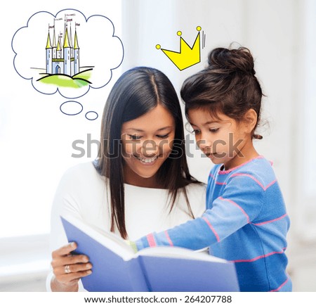 family, childhood, leisure and people concept - happy mother and daughter with book reading fairytale at home