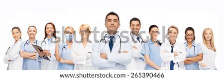 healthcare, profession, people and medicine concept - group of medics with stethoscopes