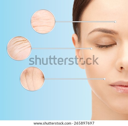 beauty, aging, people, skincare and health concept - beautiful young woman face with wrinkles over blue background