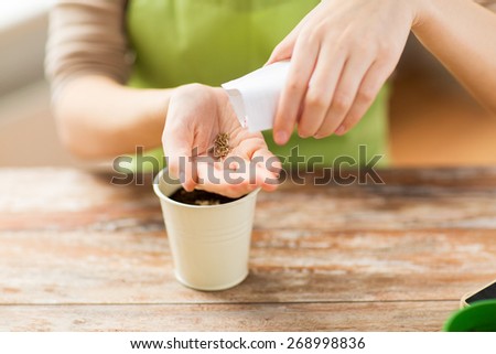 people, gardening, seeding and profession concept - close up of woman pouring seeds from paper bag to hand