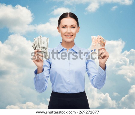 business and money concept - young businesswoman with dollar cash money over blue sky and clouds background