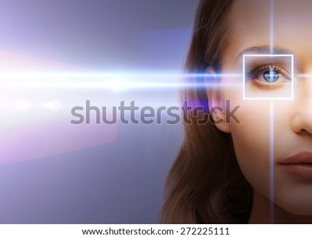 health, vision, sight - woman eye with laser correction frame