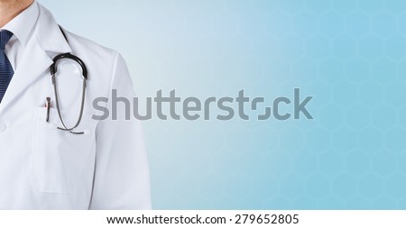 medicine, people and health care concept - close up of male doctor with stethoscope over blue background