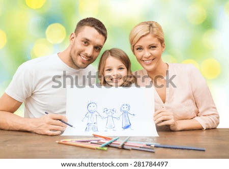 people, happiness, adoption and childhood concept - happy family with drawing pencils and picture green lights background