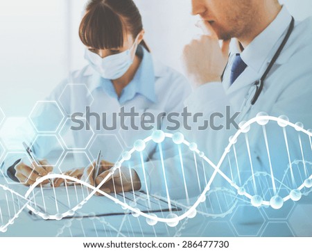people, medicine, analysis and genetics concept - doctor and nurse writing prescription paper over dna molecule structure