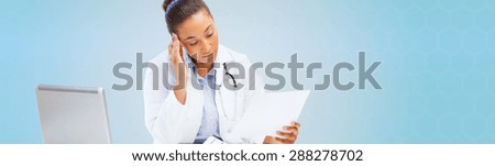 healthcare, medical and diagnosis concept - african female doctor with laptop pc computer looking at medical report over blue background