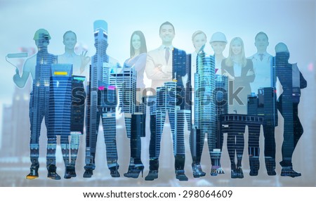 people, profession, qualification, employment and success concept - happy businessman over group of professional workers over city background